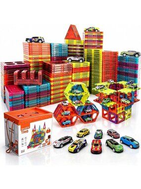 Magnetic Building Tiles Playset with 10 Pull-Back Cars | STEM Toy for Kids 3-8